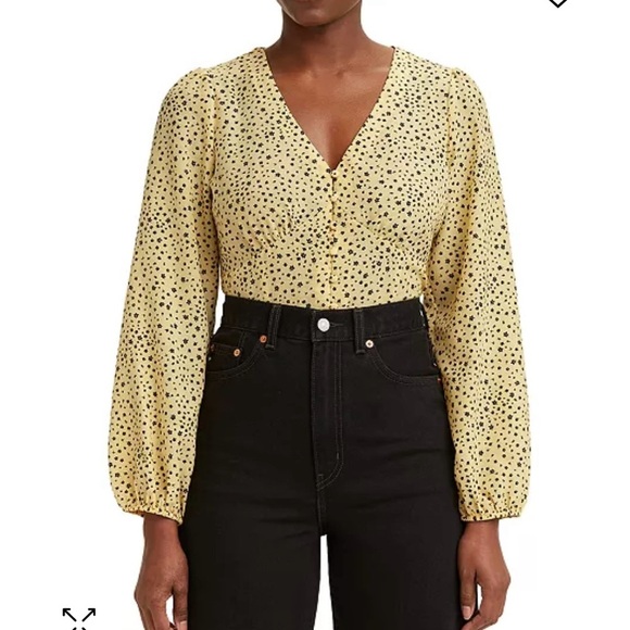 Levi's Women's 1X Yellow Floral Puff Sleeve V-Neck Blouse - Picture 2 of 6